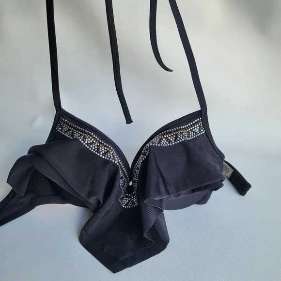 PINK by Victoria Secret Bikini Swim Top Black Studded Padded Draped Top Size XS - Picture 2 of 10
